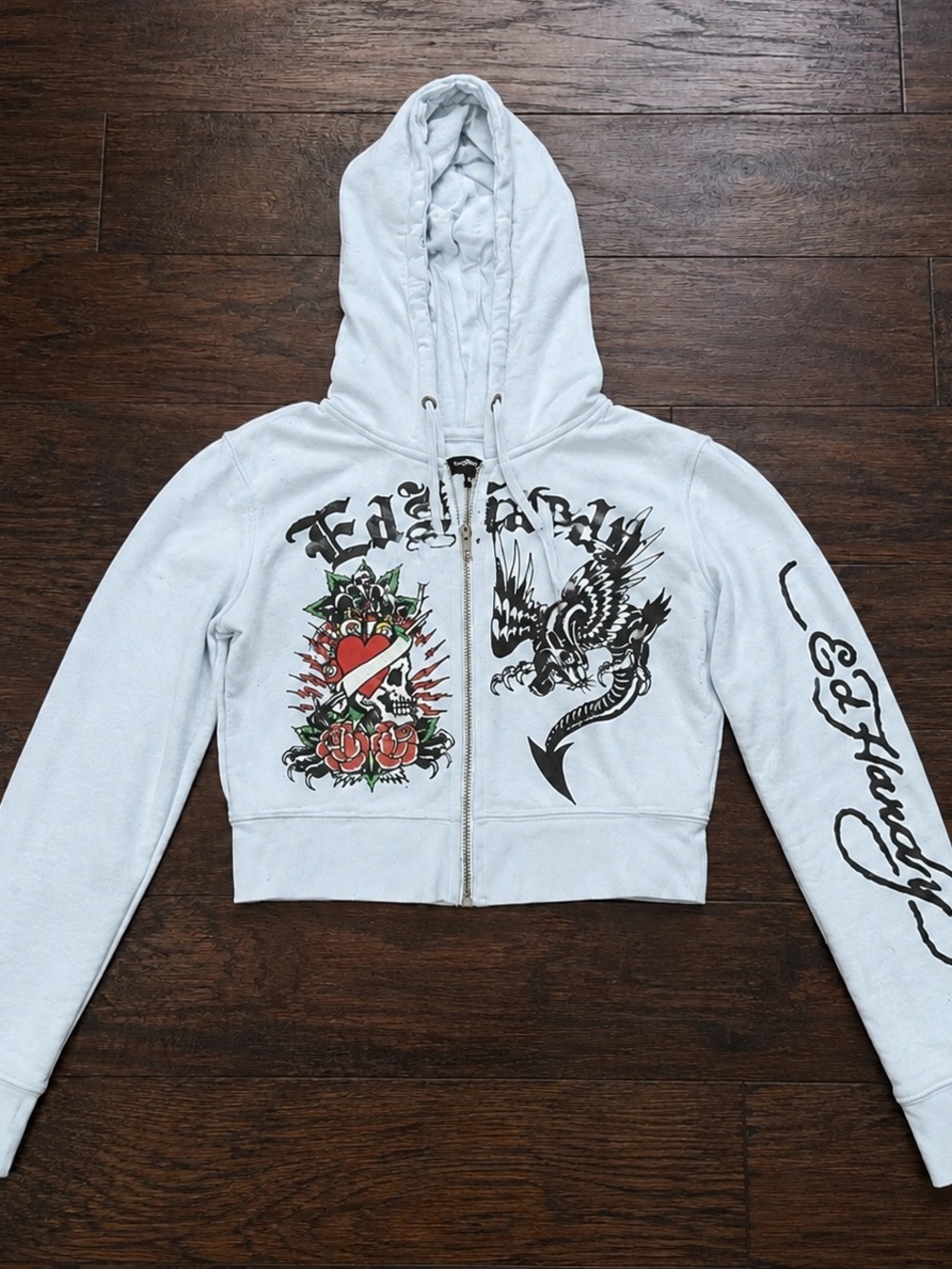 Y2K Vintage women’s Ed Hardy cropped off Blue zip up Hoodie size medium
